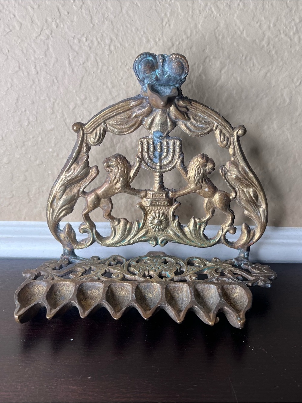 Antique 1800s Judaica Brass Hanukkah Oil Lamp Menorah Lions of Judah Eastern Eur